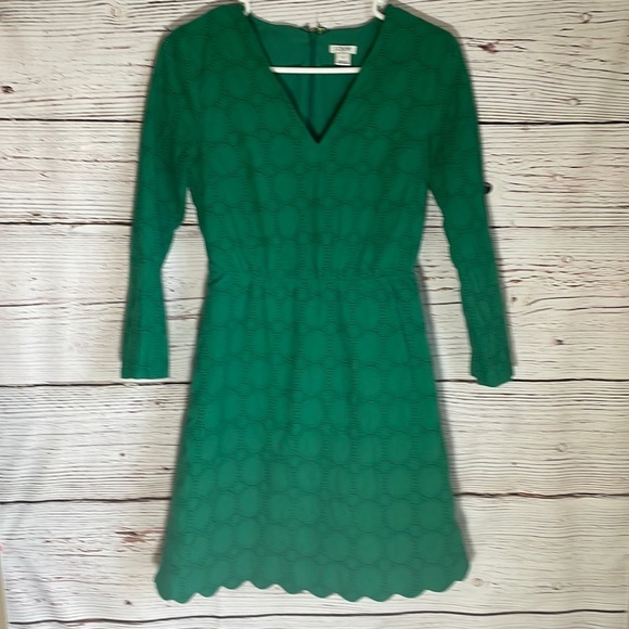 J. Crew Dresses & Skirts - J. Crew Green Lined Eyelet Long Sleeve Dress-  with Scalloped Details-Size 2